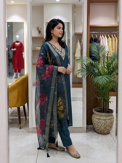 Side profile presentation of blue calf length forty-four plus inch Roman silk kurta showing clean tailored side seams - WishTown Fashion Club