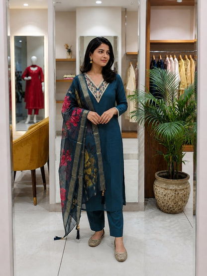 Front view of full three piece blue Roman silk heavy embroidery kurta set displaying embroidered tunic matching pants and digital print Chanderi dupatta - WishTown Fashion Club