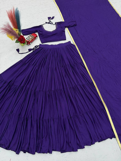 Wide angle view showcasing the massive nine plus meter flair and twirl volume of purple rayon cotton lehenga skirt - WishTown Fashion Club