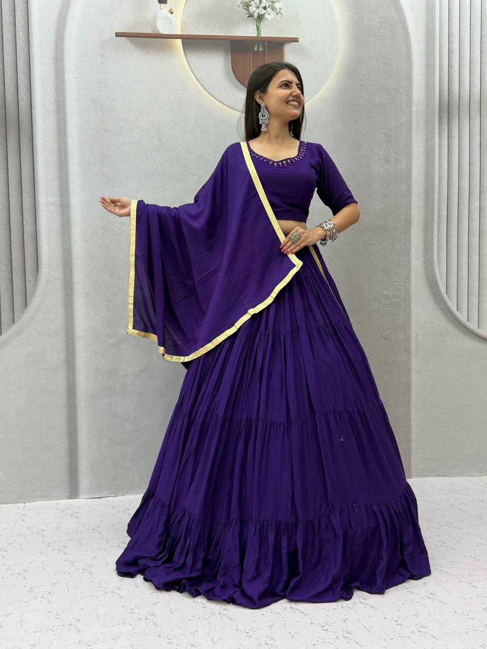 Front view of full three piece purple rayon cotton handmade mirror work lehenga choli with flared skirt padded blouse and dupatta - WishTown Fashion Club