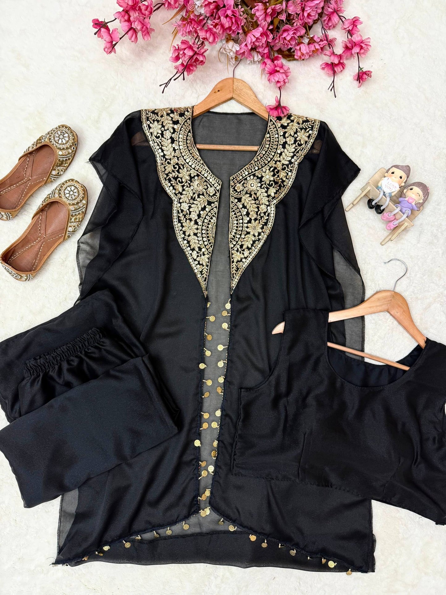 Detailed view of black plain star georgette blouse with soft micro inner lining - WishTown Fashion Club