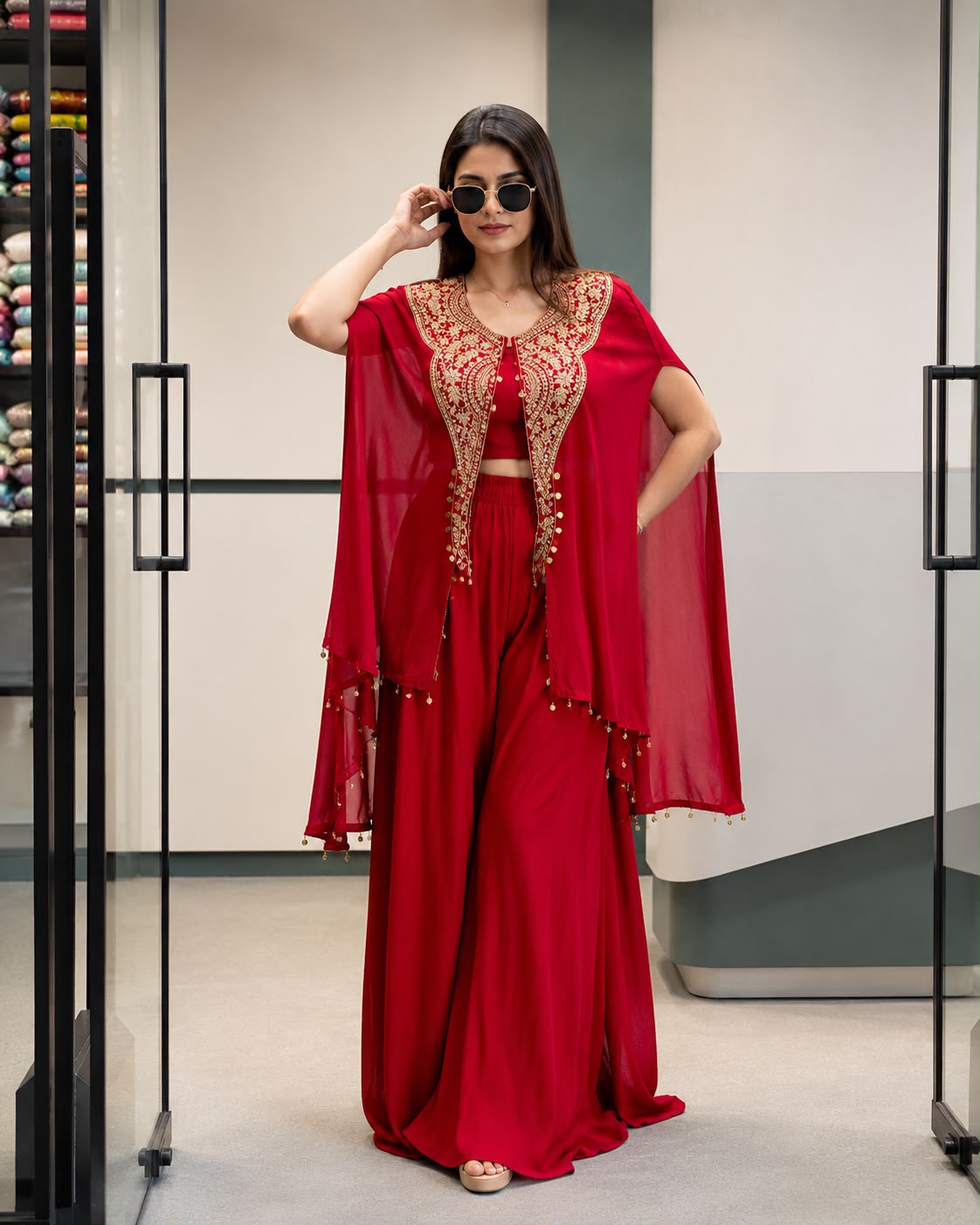 Front view of full three piece red star georgette indowestern set displaying sequins jacket plain blouse and palazzo pants - WishTown Fashion Club