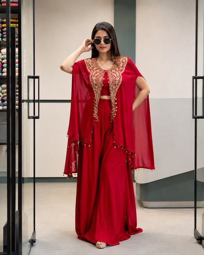 Front view of full three piece red star georgette indowestern set displaying sequins jacket plain blouse and palazzo pants - WishTown Fashion Club