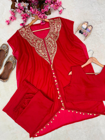 Side profile view of red star georgette jacket showing clean side cuts and forty-seven to forty-eight inch length - WishTown Fashion Club