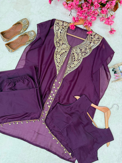 Side profile view of purple star georgette jacket showing clean side cuts and forty-seven to forty-eight inch length - WishTown Fashion Club