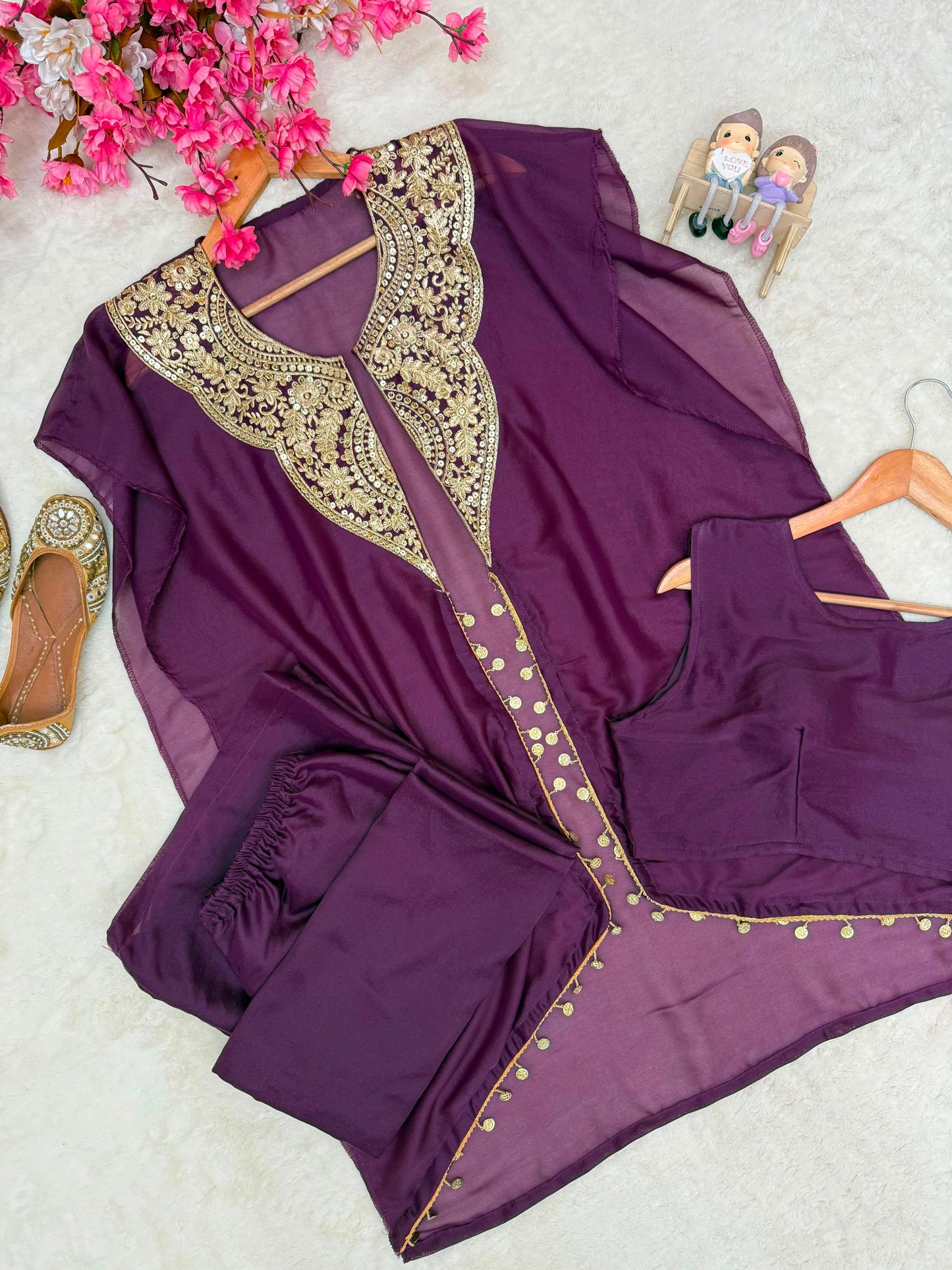 Detailed view of purple plain star georgette blouse with soft micro inner lining - WishTown Fashion Club