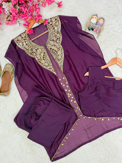 Detailed view of purple plain star georgette blouse with soft micro inner lining - WishTown Fashion Club