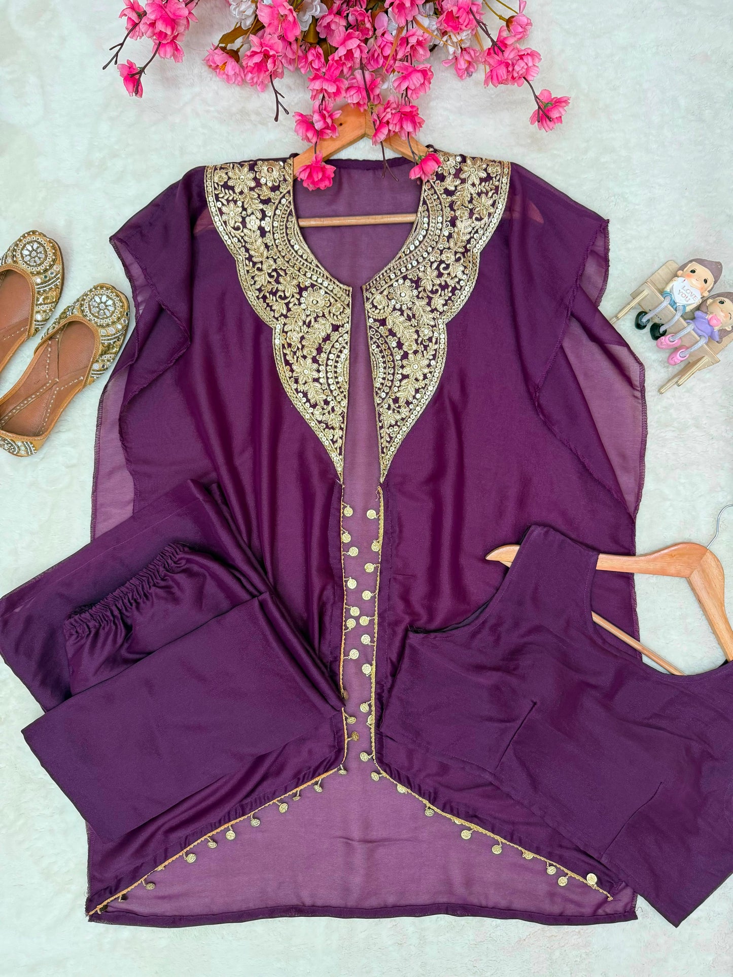 Close up view of 5mm sequins and zari embroidery work with handwork coin lace on purple star georgette jacket - WishTown Fashion Club