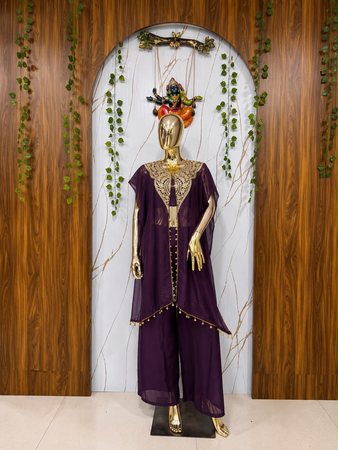 Front view of full three piece purple star georgette indowestern set displaying sequins jacket plain blouse and palazzo pants - WishTown Fashion Club