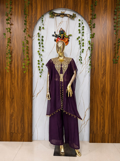 Front view of full three piece purple star georgette indowestern set displaying sequins jacket plain blouse and palazzo pants - WishTown Fashion Club