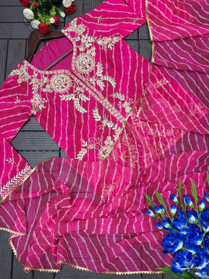 : Full length view of two point three zero meter dark pink matching dupatta with fancy lace border drape - WishTown Fashion Club