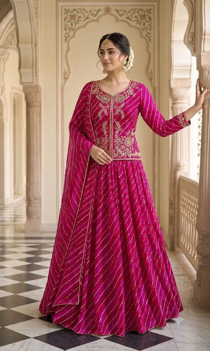 Front view of full three piece dark pink ready to wear jacket lehenga choli set with digital print skirt and embroidered jacket - WishTown Fashion Club