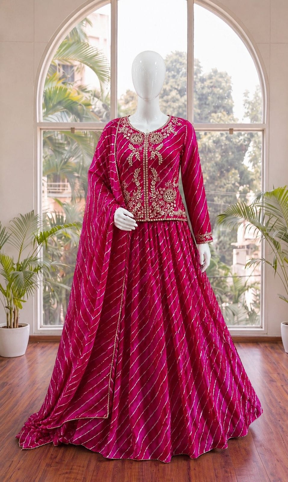 Wide angle presentation showing the three point five zero meter flair and twirl movement of dark pink georgette lehenga skirt - WishTown Fashion Club