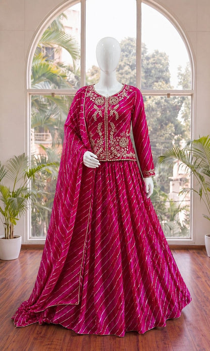 Wide angle presentation showing the three point five zero meter flair and twirl movement of dark pink georgette lehenga skirt - WishTown Fashion Club