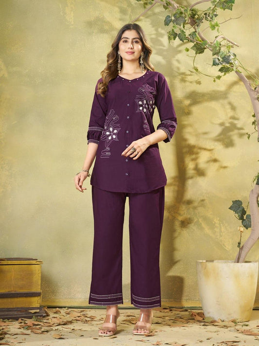 Front view of full two piece purple pure cotton stitched co-ords set with multi embroidery top and straight cut pants - WishTown Fashion Club