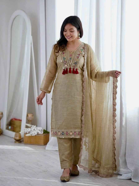 Front view of full three piece beige salsa silk festive suit set displaying sequence work top micro cotton pants and lace dupatta - WishTown Fashion Club