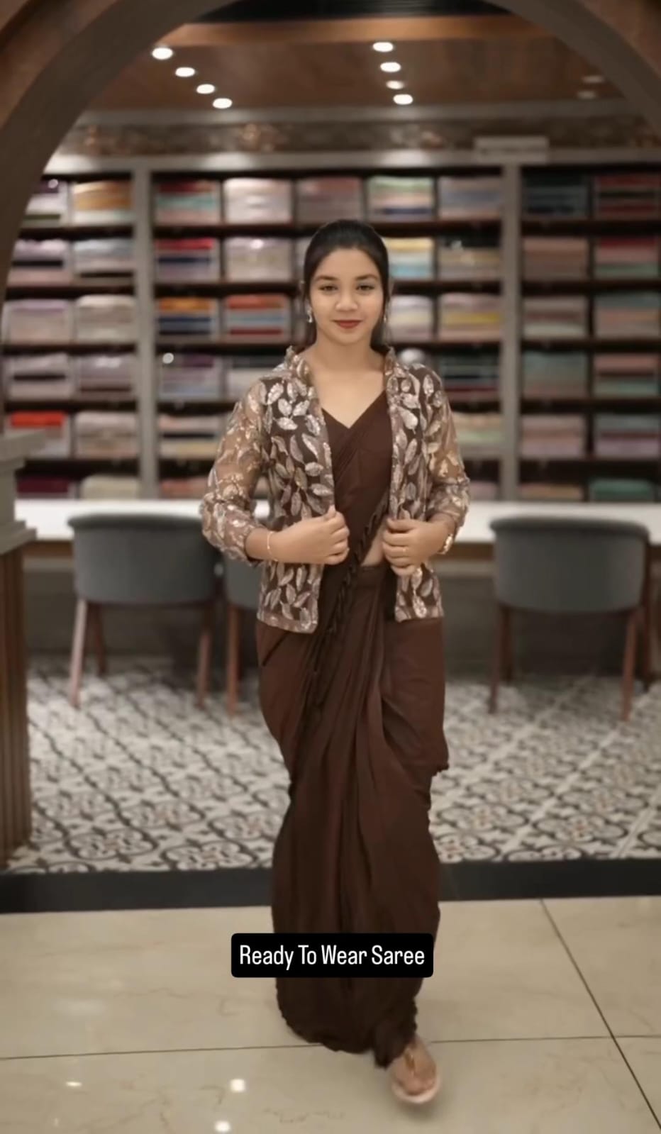 Front view of full coffee brown chinnon silk ready to wear saree with embroidered organza jacket and matching waist belt - WishTown Fashion Club