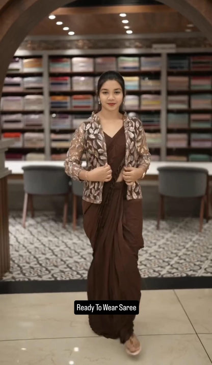 Front view of full coffee brown chinnon silk ready to wear saree with embroidered organza jacket and matching waist belt - WishTown Fashion Club