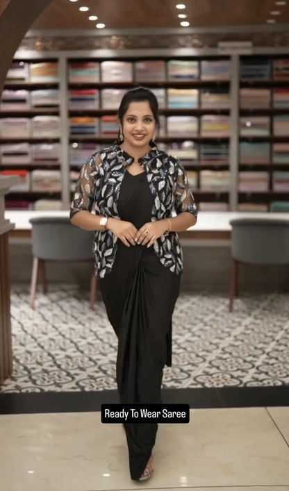 Front view of full black chinnon silk ready to wear saree with embroidered organza jacket and matching waist belt - WishTown Fashion Club