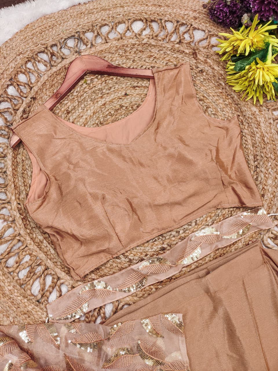 Side profile presentation of peach ready to wear saree showcasing smooth pleat drape and organza jacket fit - WishTown Fashion Club
