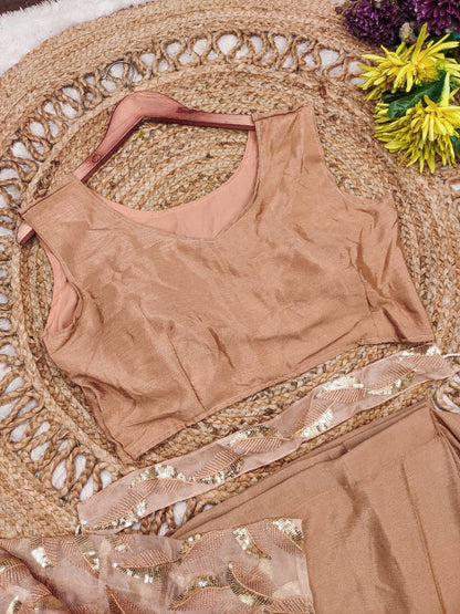 Side profile presentation of peach ready to wear saree showcasing smooth pleat drape and organza jacket fit - WishTown Fashion Club