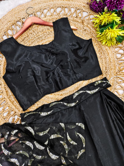 Side profile presentation of black ready to wear saree showcasing smooth pleat drape and organza jacket fit - WishTown Fashion Club
