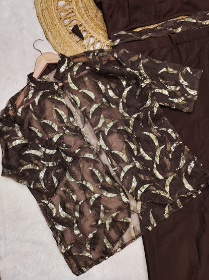 Detailed view of coffee brown fully stitched chinnon silk blouse highlighting size forty-two to forty-four margin construction - WishTown Fashion Club