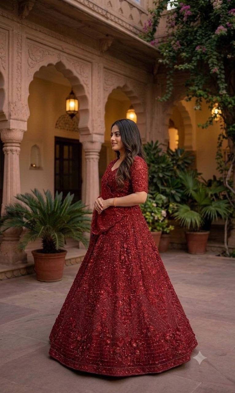 Side profile presentation of red net lehenga showing three point five meter flair and can can structure - WishTown Fashion Club