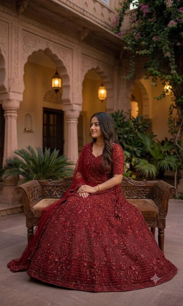 Full length shot of red net sequins pearl beads lehenga displaying rich volume and graceful drape - WishTown Fashion Club