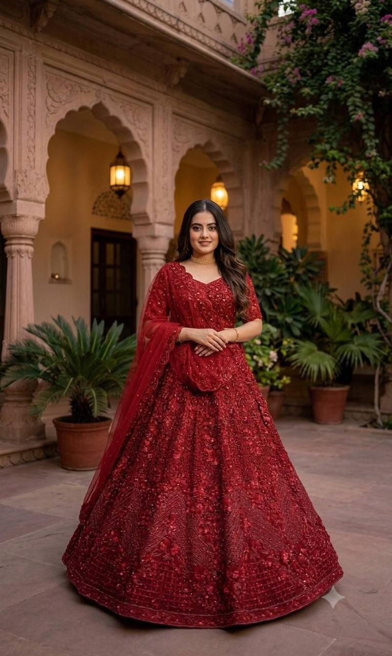 Front view of red net sequins pearl beads lehenga choli with matching blouse and dupatta - WishTown Fashion Club