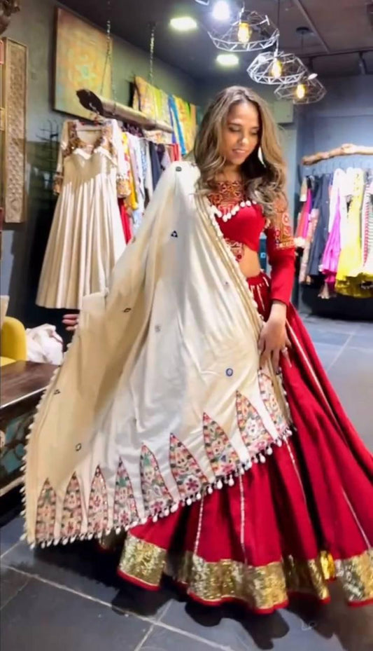 Front view of maroon heavy rayon silk mirror lehenga choli with matching unstitched blouse and dupatta - WishTown Fashion Club