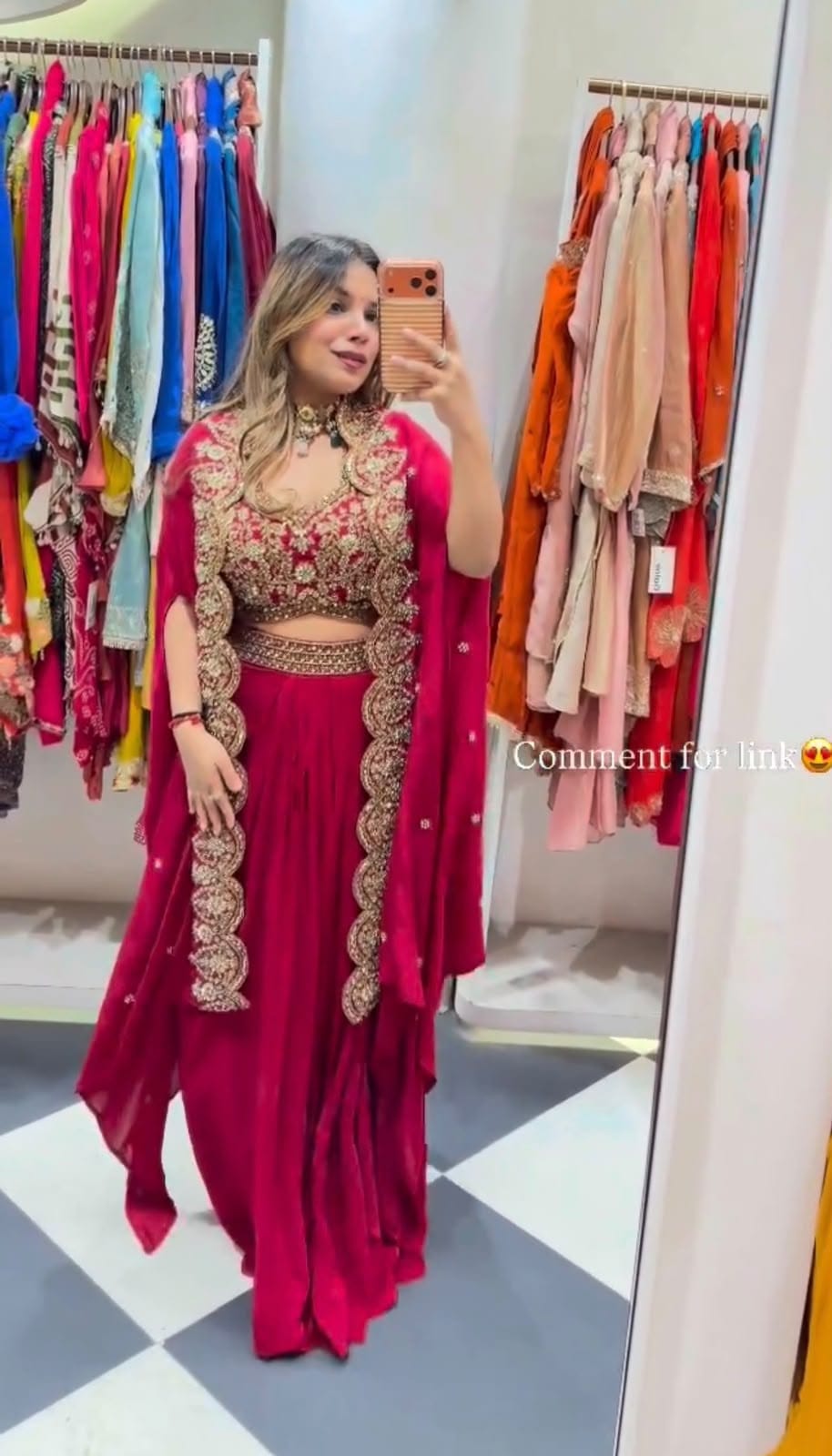 Close up view of detailed front embroidery work and decorative ladkan on dark pink natural crep blouse - WishTown Fashion Club