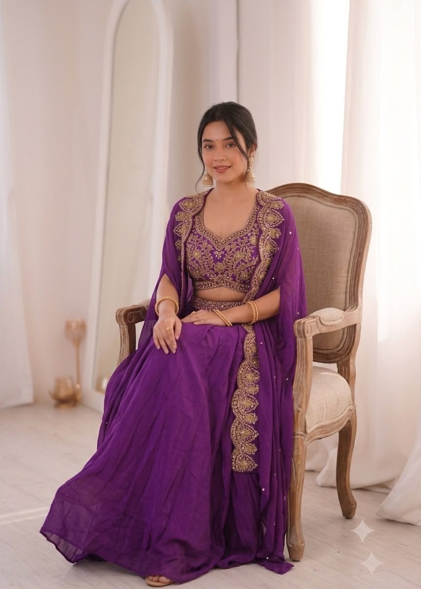 Front view of vibrant purple party wear shrug with sarara set crafted in natural crep fabric - WishTown Fashion Club