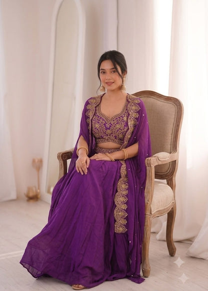 Front view of vibrant purple party wear shrug with sarara set crafted in natural crep fabric - WishTown Fashion Club