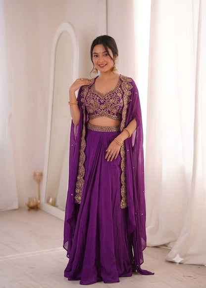 Close up shot of intricate front embroidery and ladkan embellishments on purple crep blouse - WishTown Fashion Club