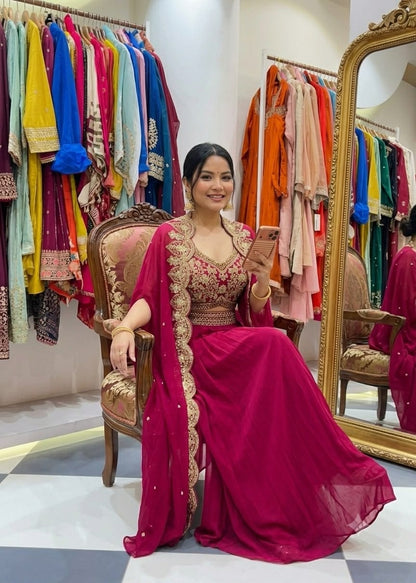 Front view of dark pink party wear shrug with sarara set featuring embroidered blouse and long shrug - WishTown Fashion Club