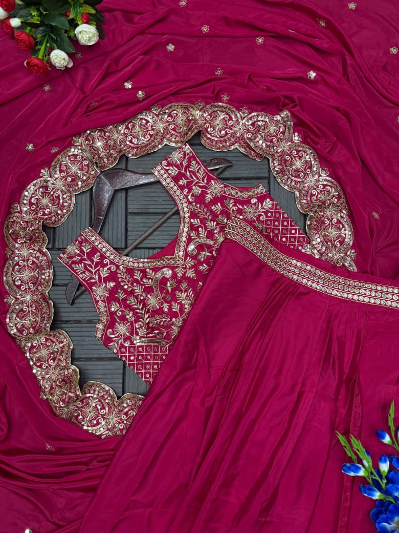 Side profile showing full 52 inch length dark pink natural crep shrug with side embroidery details - WishTown Fashion Club
