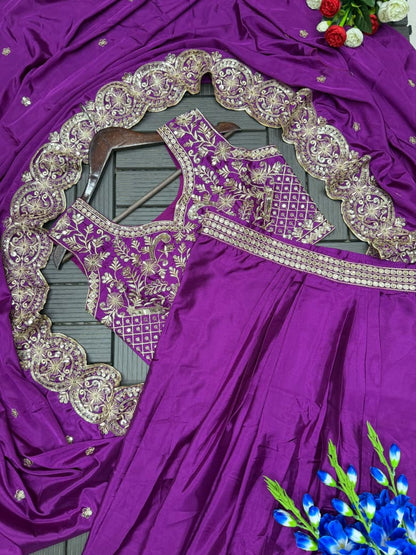 Side view of purple 52 inch long shrug highlighting detailed side embroidery and natural drape - WishTown Fashion Club