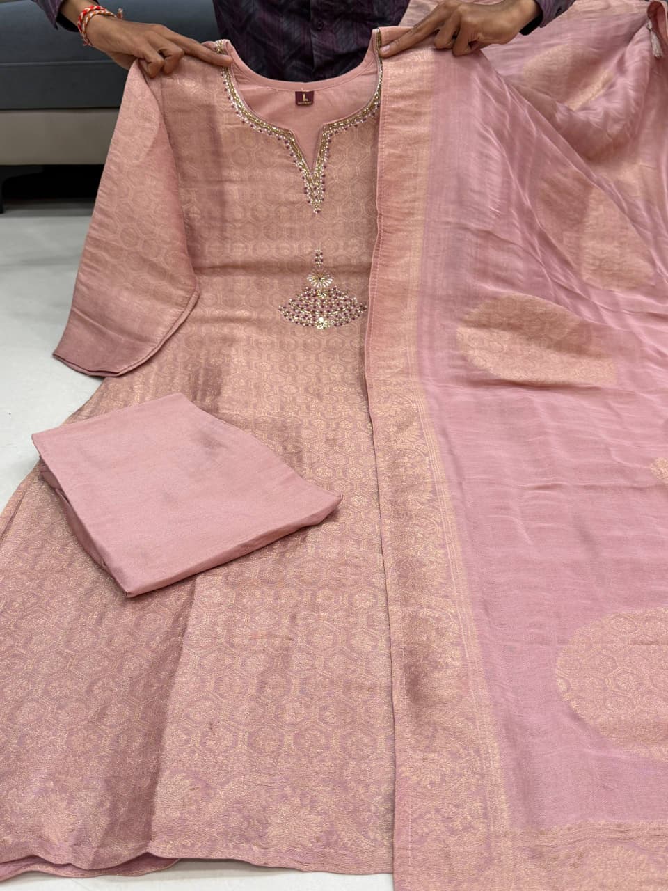 Full length view of onion pink Maharaja silky fabric trousers with comfortable waistband fitting - WishTown Fashion Club