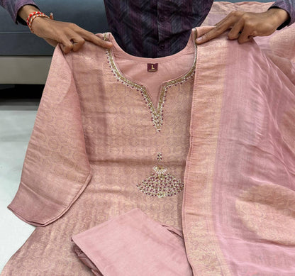 Back view of onion pink Banarasi top showing overall woven jacquard pattern and premium stitching finish - WishTown Fashion Club