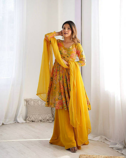 Side profile presentation of yellow georgette kurti showing clean side slits and crepe inner lining - WishTown Fashion Club