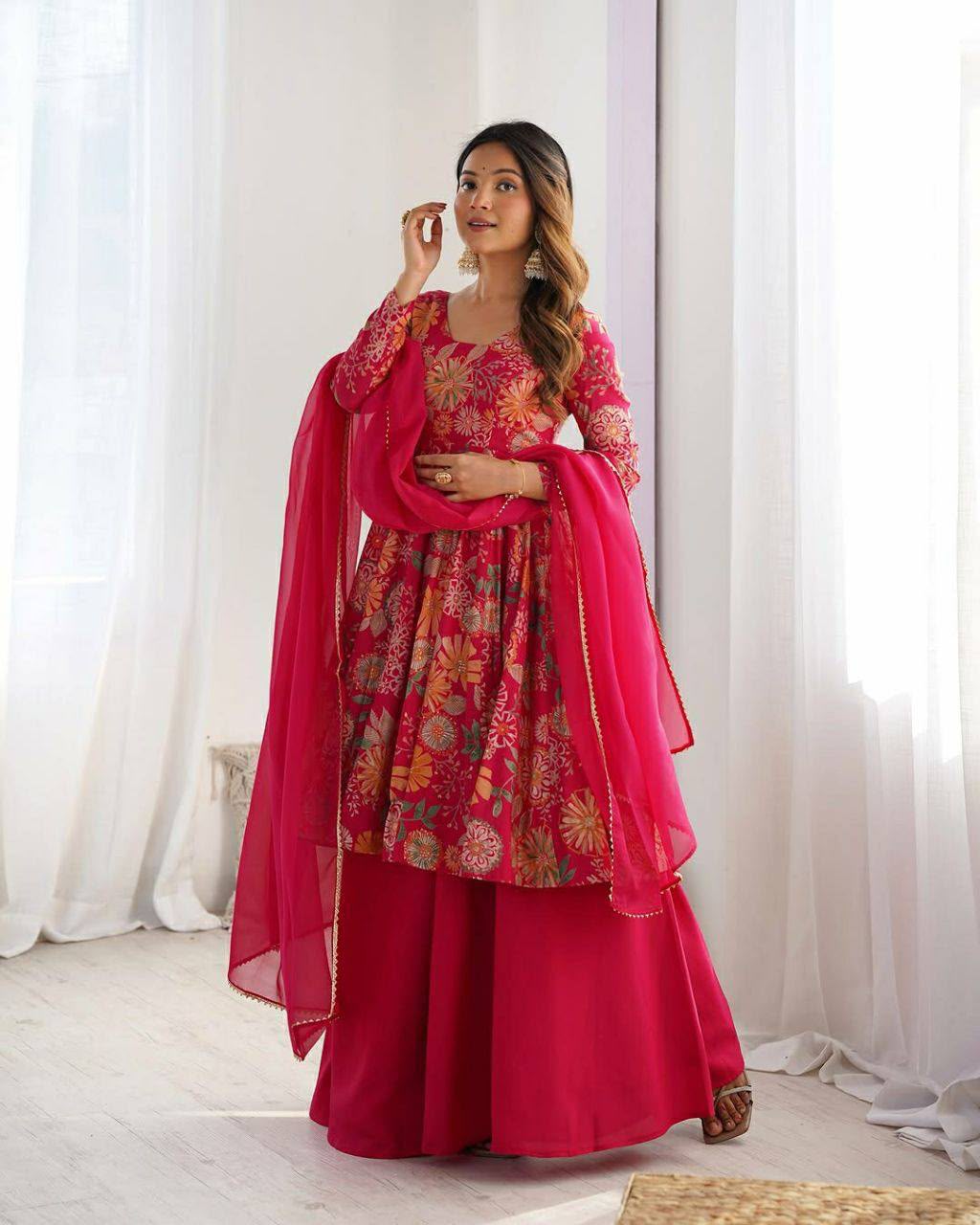 Front view of full three piece dark pink georgette printed kurti sharara set displaying tunic printed pants and dupatta - WishTown Fashion Club
