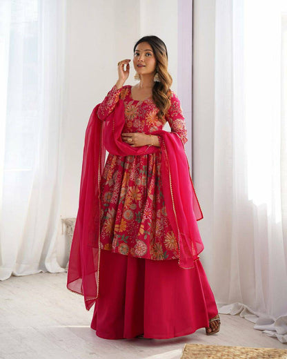 Front view of full three piece dark pink georgette printed kurti sharara set displaying tunic printed pants and dupatta - WishTown Fashion Club
