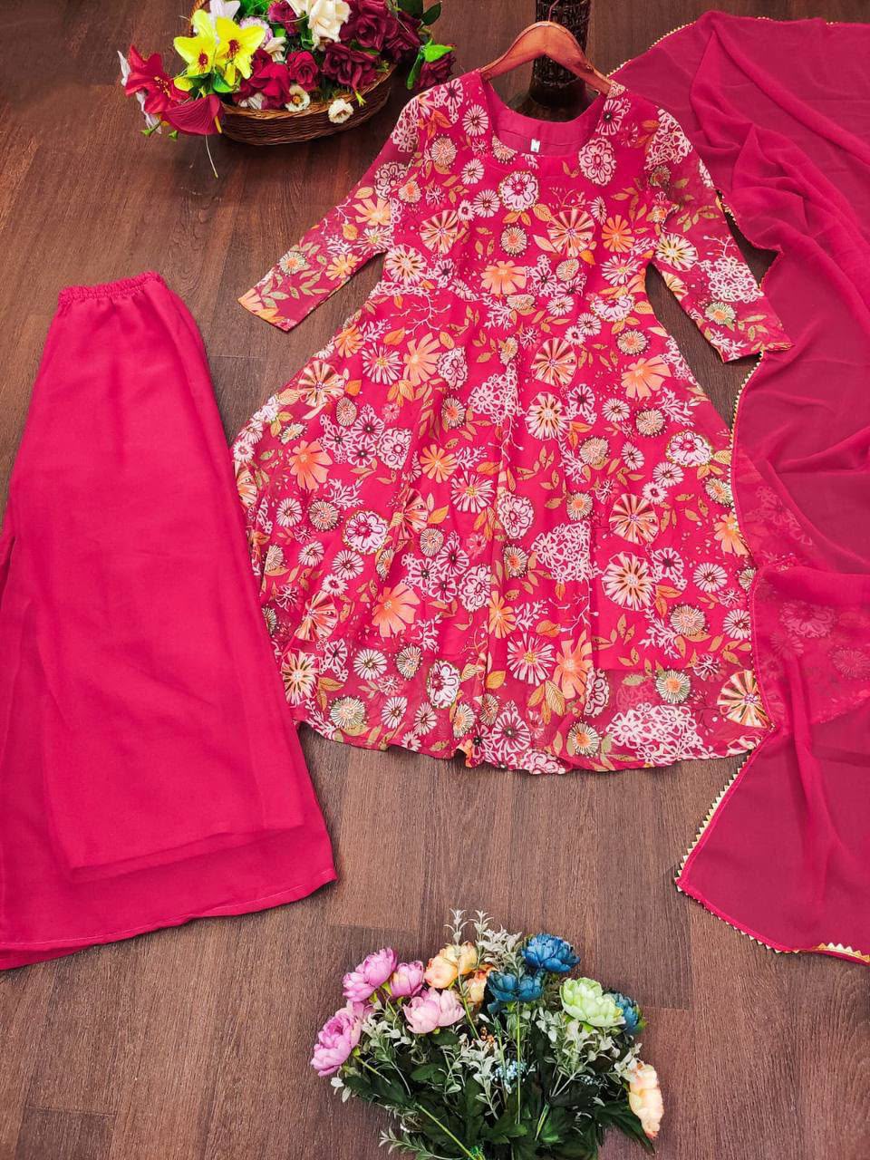 Full length view of dark pink georgette printed sharara palazzo pants with comfortable elastic waistband - WishTown Fashion Club