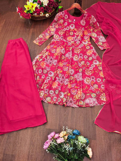Full length view of dark pink georgette printed sharara palazzo pants with comfortable elastic waistband - WishTown Fashion Club