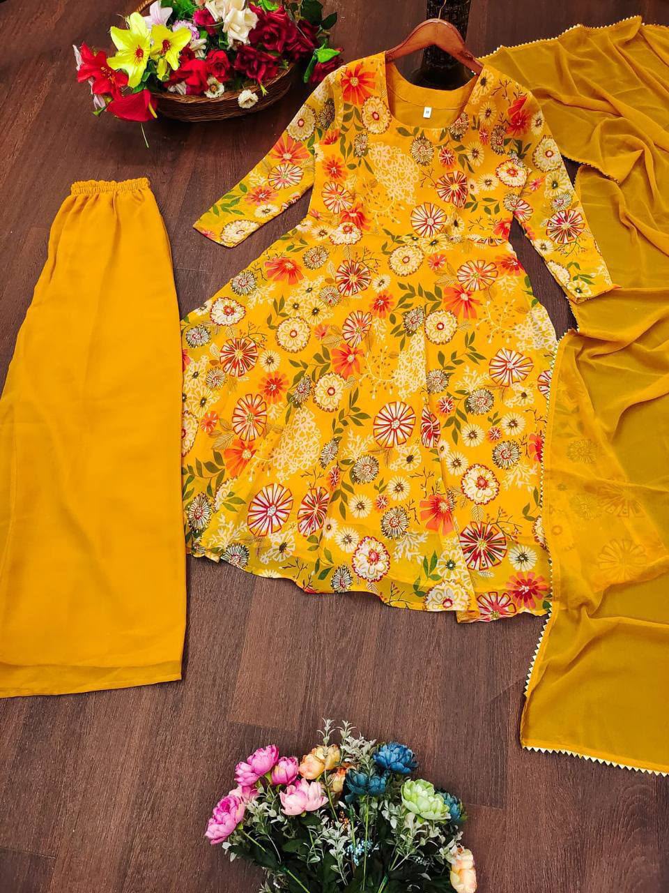 Full length view of yellow georgette printed sharara palazzo pants with comfortable elastic waistband - WishTown Fashion Club