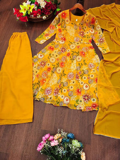 Full length view of yellow georgette printed sharara palazzo pants with comfortable elastic waistband - WishTown Fashion Club
