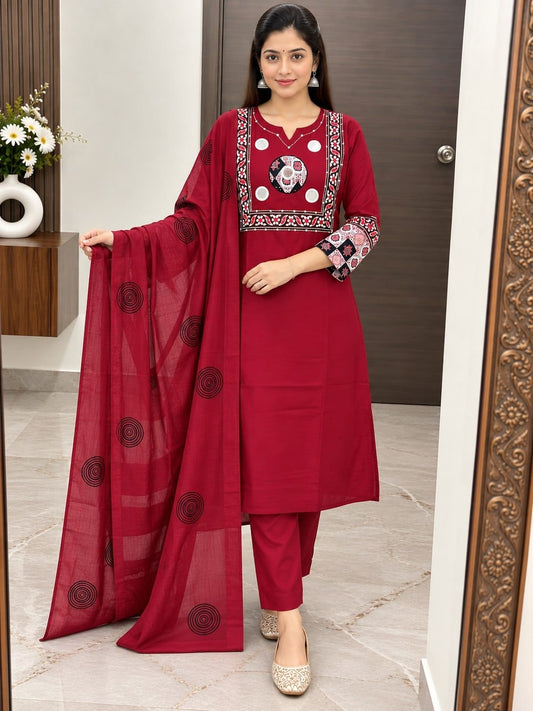 Front view of full three piece maroon pure cotton block print kurti set with real mirror work matching pant and dupatta - WishTown Fashion Club