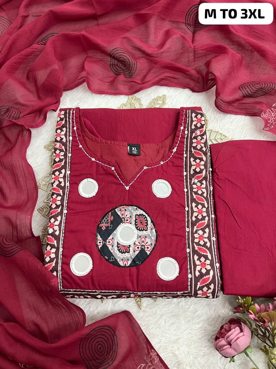 Full length view of maroon cotton pants with matching block print design and comfortable elastic waistband - WishTown Fashion Club
