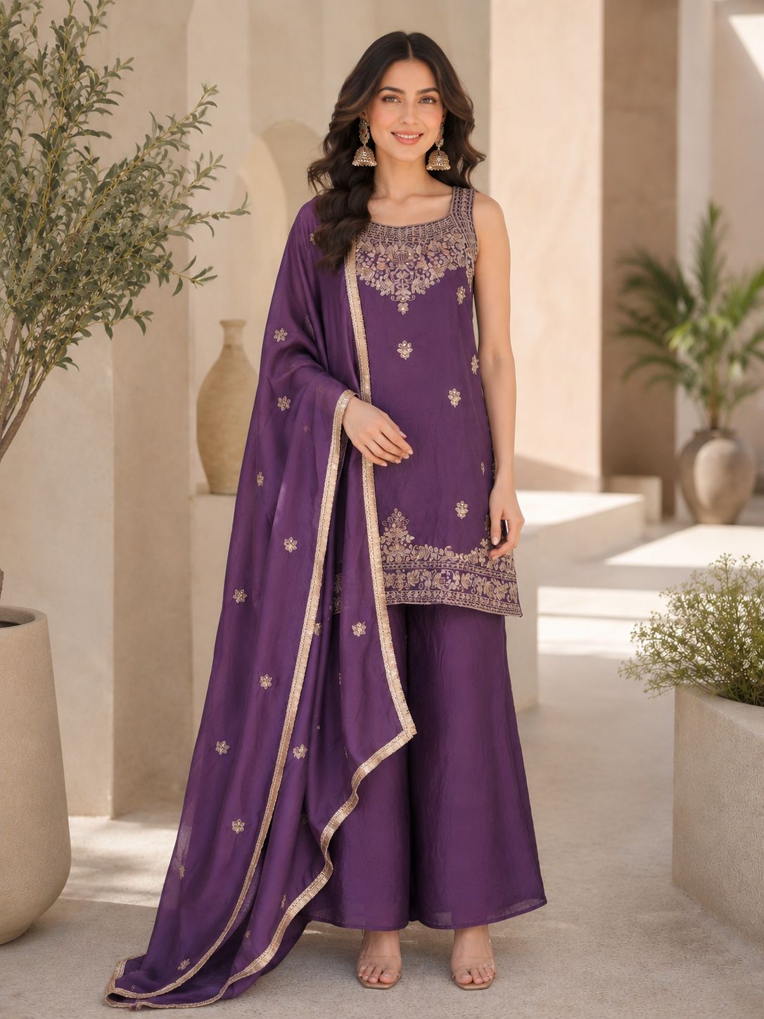 Front view of full three piece purple designer fusion style rangoli set featuring rich embroidery sequence work - WishTown Fashion Club